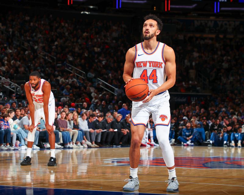 NEW YORK, NY - OCTOBER 13: Landry Shamet #44 of the New York Knicks shoots a free throw during the game  on October 13, 2024 at Madison Square Garden in New York City, New York.  NOTE TO USER: User expressly acknowledges and agrees that, by downloading and or using this photograph, User is consenting to the terms and conditions of the Getty Images License Agreement. Mandatory Copyright Notice: Copyright 2024 NBAE  (Photo by David L. Nemec/NBAE via Getty Images)