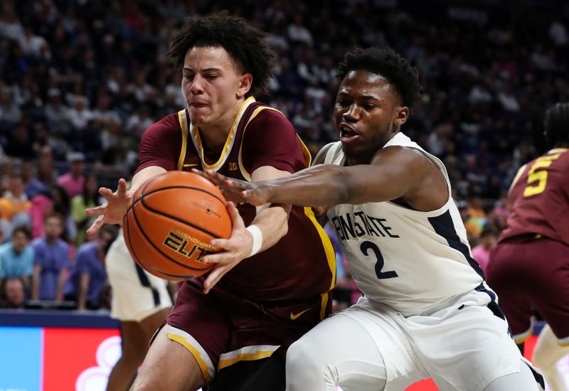 Jan 27, 2024; University Park, Pennsylvania, USA; Minnesota Golden Gophers guard Mike Mitchell Jr (2) and Penn State Nittany Lions guard D'Marco Dunn (2) reach for the ball to avoid it going out of bounds during the first half at Bryce Jordan Center. Minnesota defeated Penn State 83-74. Mandatory Credit: Matthew O'Haren-USA TODAY Sports