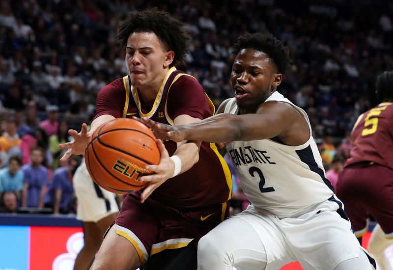 Jan 27, 2024; University Park, Pennsylvania, USA; Minnesota Golden Gophers guard Mike Mitchell Jr (2) and Penn State Nittany Lions guard D'Marco Dunn (2) reach for the ball to avoid it going out of bounds during the first half at Bryce Jordan Center. Minnesota defeated Penn State 83-74. Mandatory Credit: Matthew O'Haren-USA TODAY Sports