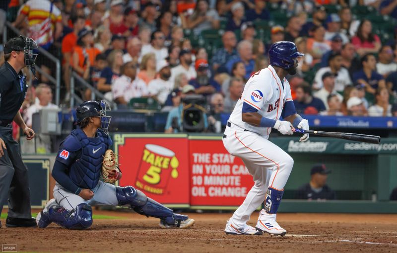 Aug 2, 2023; Houston, Texas, USA; Houston Astros left fielder Yordan Alvarez (44) hits a double against the Cleveland Guardians in the fifth inning at Minute Maid Park. Mandatory Credit: Thomas Shea-USA TODAY Sports