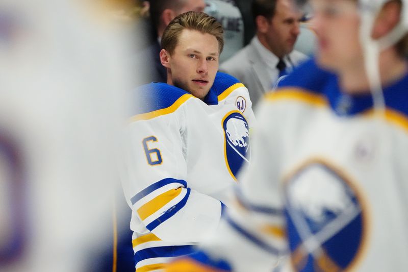 Dec 13, 2023; Denver, Colorado, USA; Buffalo Sabres defenseman Erik Johnson (6) before the game against the Colorado Avalanche at Ball Arena. Mandatory Credit: Ron Chenoy-USA TODAY Sports