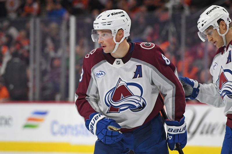 Nov 18, 2024; Philadelphia, Pennsylvania, USA; Colorado Avalanche defenseman Cale Makar (8) reacts after scoring his second goal of the game against the Philadelphia Flyers during the second period at Wells Fargo Center. Mandatory Credit: Eric Hartline-Imagn Images