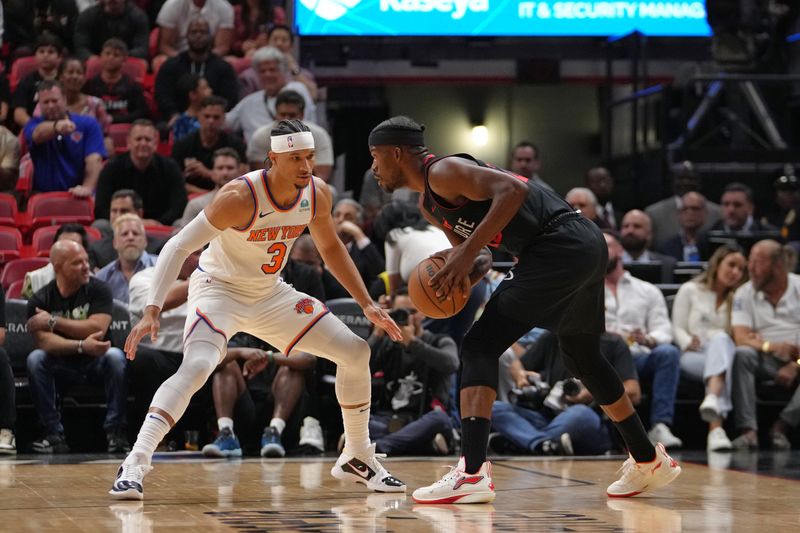 MIAMI, FL - APRIL 2: Josh Hart #3 of the New York Knicks plays defense during the game against the Miami Heat on April 2, 2024 at Kaseya Center in Miami, Florida. NOTE TO USER: User expressly acknowledges and agrees that, by downloading and or using this Photograph, user is consenting to the terms and conditions of the Getty Images License Agreement. Mandatory Copyright Notice: Copyright 2024 NBAE (Photo by Eric Espada/NBAE via Getty Images)