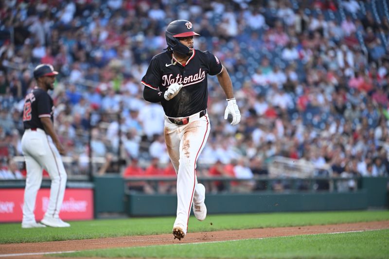 Aug 27, 2024; Washington, District of Columbia, USA; Washington Nationals third baseman Jose Tena (8) runs to home plate to score a run against the New York Yankees during the second inning at Nationals Park. Mandatory Credit: Rafael Suanes-USA TODAY Sports