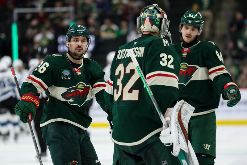 Jan 23, 2025; Saint Paul, Minnesota, USA; Minnesota Wild right wing Mats Zuccarello (36) and goaltender Filip Gustavsson (32) react to their teams loss against the Utah Hockey Club after the game at Xcel Energy Center. Mandatory Credit: Matt Krohn-Imagn Images
