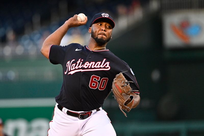 Sep 6, 2023; Washington, District of Columbia, USA; Washington Nationals starting pitcher Joan Adon (60) throws to the New York Mets during the first inning at Nationals Park. Mandatory Credit: Brad Mills-USA TODAY Sports