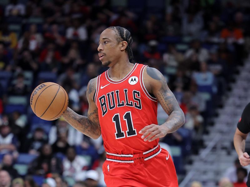 NEW ORLEANS, LOUISIANA - FEBRUARY 25: DeMar DeRozan #11 of the Chicago Bulls drives with the ball against the New Orleans Pelicans during the second half at the Smoothie King Center on February 25, 2024 in New Orleans, Louisiana. NOTE TO USER: User expressly acknowledges and agrees that, by downloading and or using this Photograph, user is consenting to the terms and conditions of the Getty Images License Agreement. (Photo by Jonathan Bachman/Getty Images)