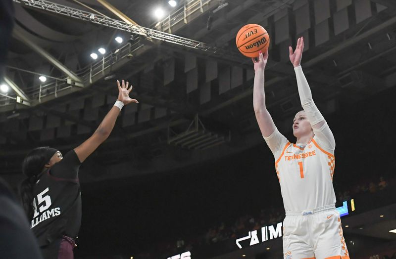 Mar 5, 2025; Greenville, South Carolina, USA; Tennessee guard Sara Puckett (1) takes a shot against Texas A&M during the second quarter of the Southeastern Conference Women's Basketball Tournament at Bon Secours Wellness Arena.  Mandatory Credit: Ken Ruinard/USA TODAY NETWORK via Imagn Images