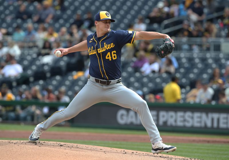 May 24, 2025; Pittsburgh, Pennsylvania, USA;  Milwaukee Brewers starting pitcher Quinn Priester (46) delivers a pitch against the Pittsburgh Pirates during the first inning at PNC Park. Mandatory Credit: Charles LeClaire-Imagn Images