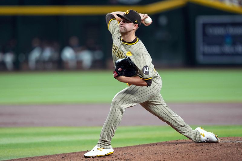 May 4, 2024; Phoenix, Arizona, USA; San Diego Padres pitcher Michael King (34) pitches against the Arizona Diamondbacks during the first inning at Chase Field. Mandatory Credit: Joe Camporeale-USA TODAY Sports