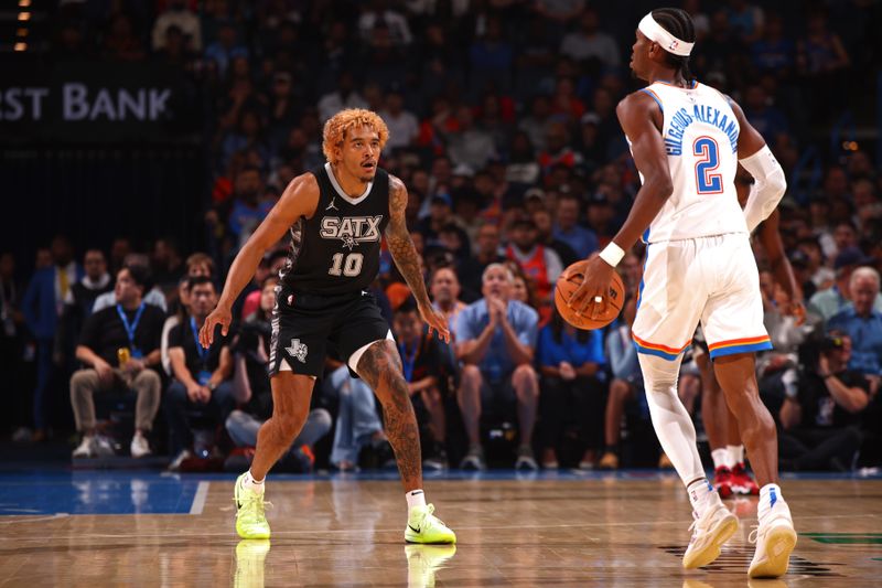 OKLAHOMA CITY, OK - OCTOBER 30: Jeremy Sochan #10 of the San Antonio Spurs plays defense during the game against the Oklahoma City Thunder on October 30, 2024 at Paycom Arena in Oklahoma City, Oklahoma. NOTE TO USER: User expressly acknowledges and agrees that, by downloading and or using this photograph, User is consenting to the terms and conditions of the Getty Images License Agreement. Mandatory Copyright Notice: Copyright 2024 NBAE (Photo by Zach Beeker/NBAE via Getty Images)