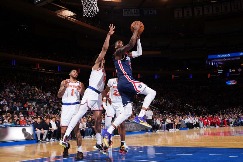 NEW YORK, NY - APRIL 2: Delon Wright #55 of the Washington Wizards drives to the basket during the game against the New York Knicks on April 2, 2023 at Madison Square Garden in New York City, New York NOTE TO USER: User expressly acknowledges and agrees that, by downloading and/or using this Photograph, user is consenting to the terms and conditions of the Getty Images License Agreement. Mandatory Copyright Notice: Copyright 2023 NBAE (Photo by Jesse D. Garrabrant/NBAE via Getty Images)