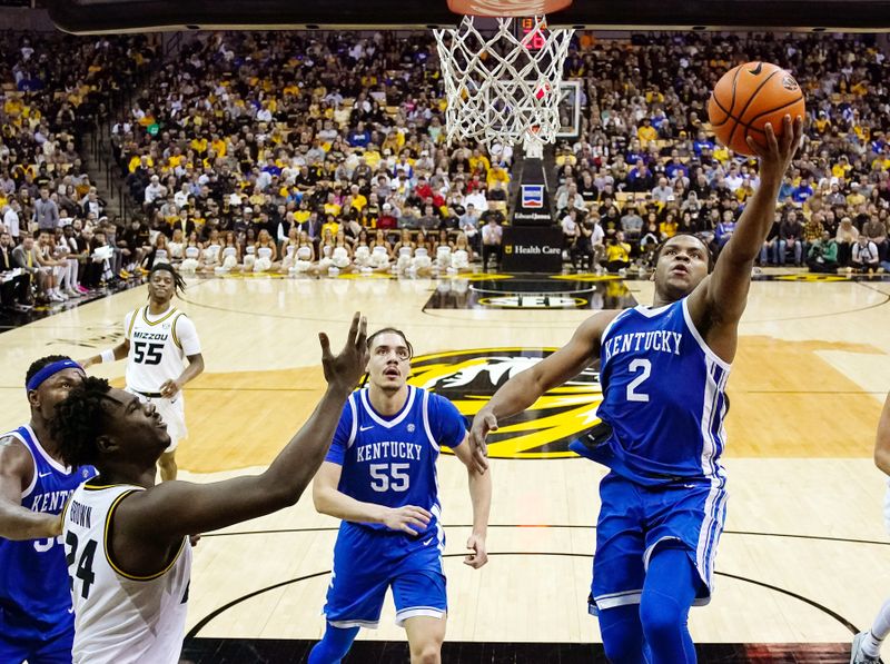 Dec 28, 2022; Columbia, Missouri, USA; Kentucky Wildcats guard Sahvir Wheeler (2) shoots against Missouri Tigers guard Kobe Brown (24) during the second half at Mizzou Arena. Mandatory Credit: Jay Biggerstaff-USA TODAY Sports