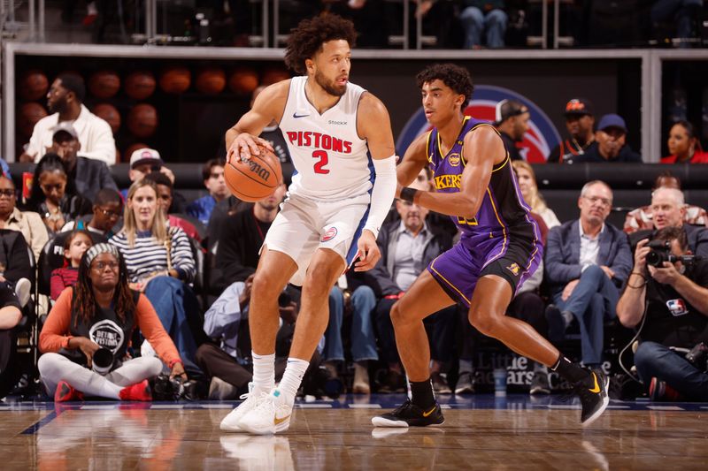 DETROIT, MI - NOVEMBER 4: Cade Cunningham #2 of the Detroit Pistons looks to pass the ball during the game against the Los Angeles Lakers on November 4, 2024 at Little Caesars Arena in Detroit, Michigan. NOTE TO USER: User expressly acknowledges and agrees that, by downloading and/or using this photograph, User is consenting to the terms and conditions of the Getty Images License Agreement. Mandatory Copyright Notice: Copyright 2024 NBAE (Photo by Brian Sevald/NBAE via Getty Images)