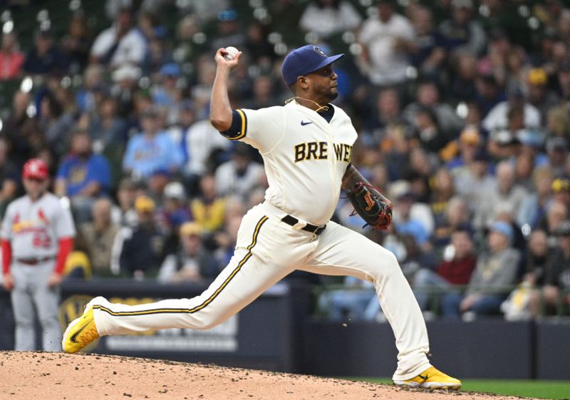 Sep 28, 2023; Milwaukee, Wisconsin, USA; Milwaukee Brewers starting pitcher Julio Teheran (49) delivers a pitch against the St. Louis Cardinals in the seventh inning at American Family Field. Mandatory Credit: Michael McLoone-USA TODAY Sports