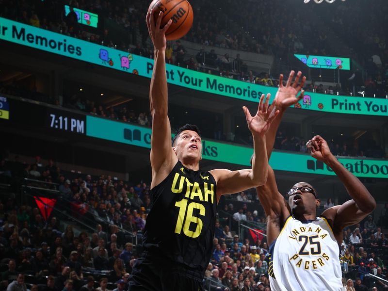 SALT LAKE CITY, UT - JANUARY 15: Simone Fontecchio #16 of the Utah Jazz drives to the basket during the game against the Indiana Pacers on January 15, 2024 at Delta Center in Salt Lake City, Utah. NOTE TO USER: User expressly acknowledges and agrees that, by downloading and or using this Photograph, User is consenting to the terms and conditions of the Getty Images License Agreement. Mandatory Copyright Notice: Copyright 2024 NBAE (Photo by Melissa Majchrzak/NBAE via Getty Images)