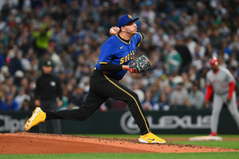 May 31, 2024; Seattle, Washington, USA; Seattle Mariners relief pitcher Tayler Saucedo (60) pitches to the Los Angeles Angels during the seventh inning at T-Mobile Park. Mandatory Credit: Steven Bisig-USA TODAY Sports