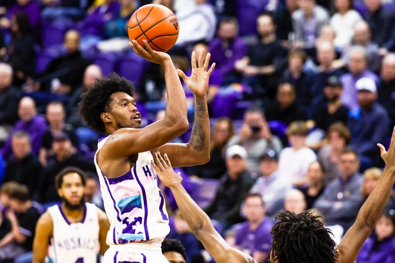 Feb 18, 2023; Seattle, Washington, USA; Washington Huskies forward Keion Brooks (1) rises to shoot against the Oregon State Beavers during the second half at Alaska Airlines Arena at Hec Edmundson Pavilion. Mandatory Credit: Joe Nicholson-USA TODAY Sports