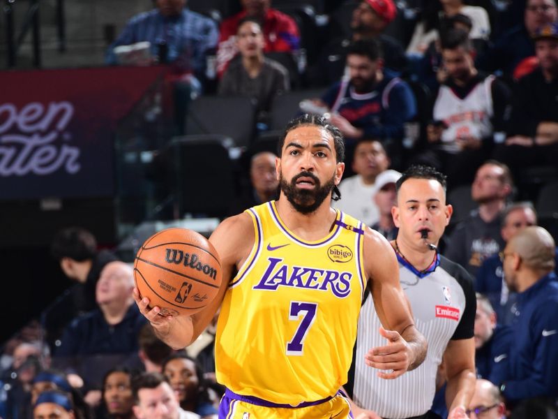 INGLEWOOD, CA - FEBRUARY 4: Gabe Vincent #7 of the Los Angeles Lakers dribbles the ball during the game against the LA Clippers on February 4, 2025 at Intuit Dome in Los Angeles, California. NOTE TO USER: User expressly acknowledges and agrees that, by downloading and/or using this Photograph, user is consenting to the terms and conditions of the Getty Images License Agreement. Mandatory Copyright Notice: Copyright 2025 NBAE (Photo by Adam Pantozzi/NBAE via Getty Images)