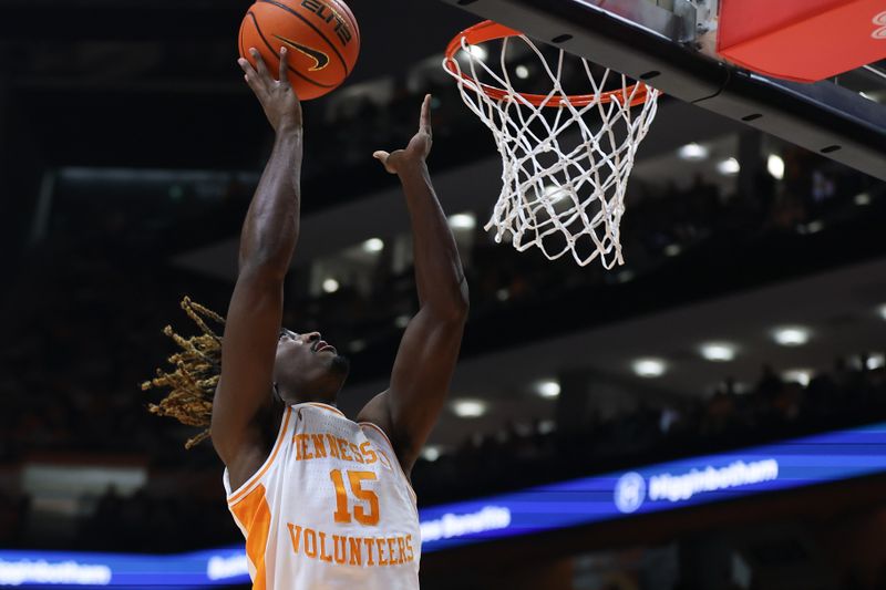 Jan 6, 2024; Knoxville, Tennessee, USA; Tennessee Volunteers guard Jahmai Mashack (15) goes to the basket against the Mississippi Rebels during the first half at Thompson-Boling Arena at Food City Center. Mandatory Credit: Randy Sartin-USA TODAY Sports