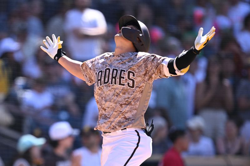 Jun 25, 2023; San Diego, California, USA; San Diego Padres second baseman Ha-seong Kim (7) celebrates after hitting a home run against the Washington Nationals during the seventh inning at Petco Park. Mandatory Credit: Orlando Ramirez-USA TODAY Sports