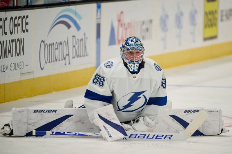 Mar 21, 2024; San Jose, California, USA; Tampa Bay Lightning goaltender Andrei Vasilevskiy (88) warms up before the game against the San Jose Sharks at SAP Center at San Jose. Mandatory Credit: Robert Edwards-USA TODAY Sports