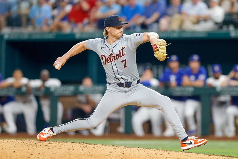 Jun 4, 2024; Arlington, Texas, USA; Detroit Tigers pitcher Shelby Miller (7) throws during the seventh inning against the Texas Rangers at Globe Life Field. Mandatory Credit: Andrew Dieb-USA TODAY Sports