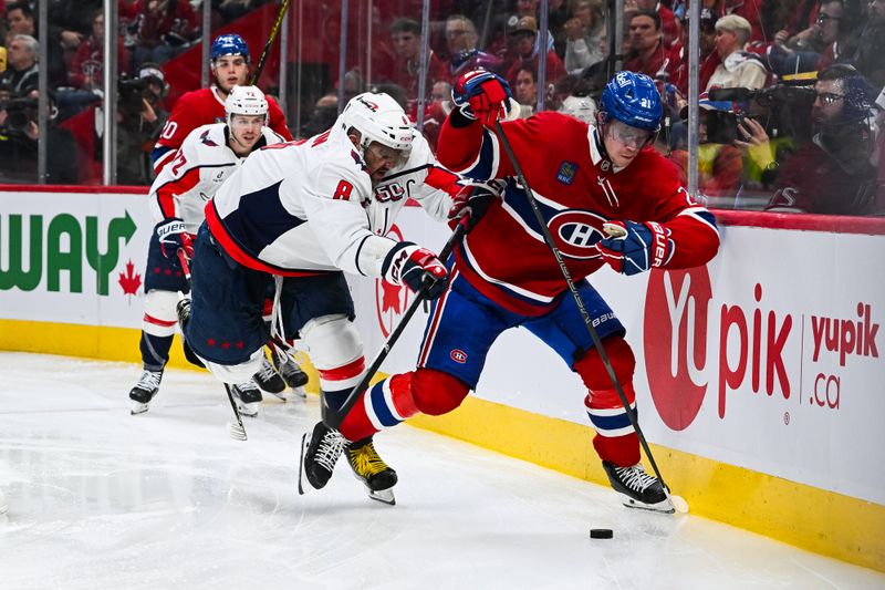 Apr 27, 2025; Montreal, Quebec, CAN; Montreal Canadiens defenseman Kaiden Guhle (21) defends the puck against Washington Capitals left wing Alex Ovechkin (8) during the second period in game four of the first round of the 2025 Stanley Cup Playoffs at Bell Centre. Mandatory Credit: David Kirouac-Imagn Images