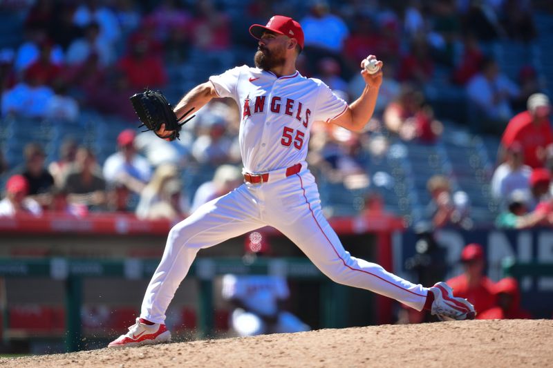 Jun 27, 2024; Anaheim, California, USA; Los Angeles Angels pitcher Matt Moore (55) throws against the Detroit Tigers during the seventh inning at Angel Stadium. Mandatory Credit: Gary A. Vasquez-USA TODAY Sports