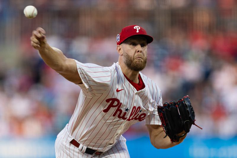 Sep 11, 2024; Philadelphia, Pennsylvania, USA; Philadelphia Phillies pitcher Zack Wheeler (45) throws a pitch during the first inning against the Tampa Bay Rays at Citizens Bank Park. Mandatory Credit: Bill Streicher-Imagn Images