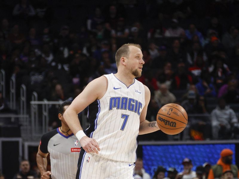 DETROIT, MI - FEBRUARY 24:  Joe Ingles #7 of the Orlando Magic handles the ball during the game  on February 24, 2024 at Little Caesars Arena in Detroit, Michigan. NOTE TO USER: User expressly acknowledges and agrees that, by downloading and/or using this photograph, User is consenting to the terms and conditions of the Getty Images License Agreement. Mandatory Copyright Notice: Copyright 2024 NBAE (Photo by Brian Sevald/NBAE via Getty Images)