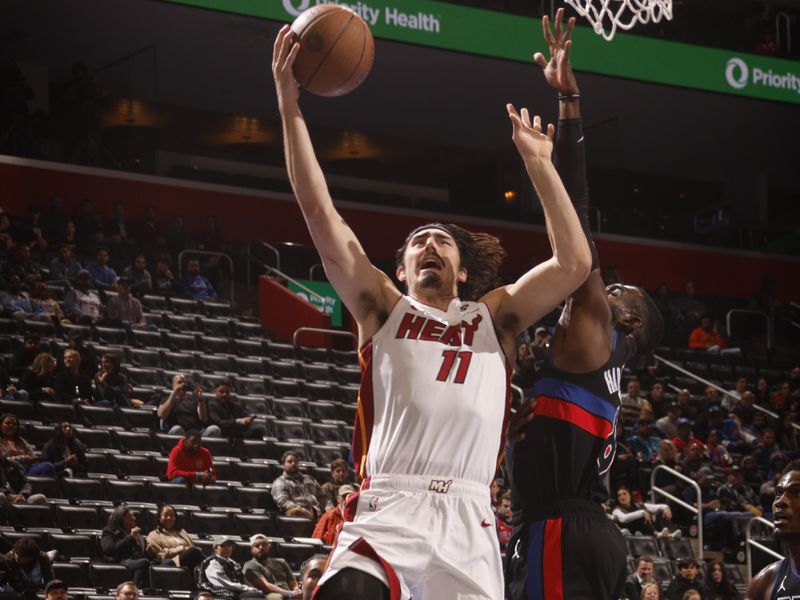 DETROIT, MI - NOOVEMBER 12: Jaime Jaquez Jr. #11 of the Miami Heat shoots the ball during the game against the Detroit Pistons  during the Emirates NBA Cup game on November 12, 2024 at Little Caesars Arena in Detroit, Michigan. NOTE TO USER: User expressly acknowledges and agrees that, by downloading and/or using this photograph, User is consenting to the terms and conditions of the Getty Images License Agreement. Mandatory Copyright Notice: Copyright 2024 NBAE (Photo by Brian Sevald/NBAE via Getty Images)