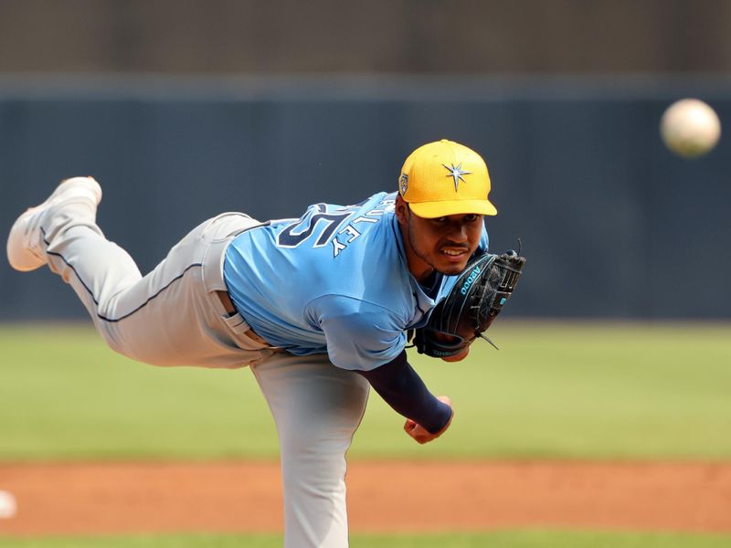 Mar 6, 2024; Tampa, Florida, USA;Tampa Bay Rays starting pitcher Taj Bradley (45) throws a pitch during the first inning against the New York Yankees  at George M. Steinbrenner Field. Mandatory Credit: Kim Klement Neitzel-USA TODAY Sports