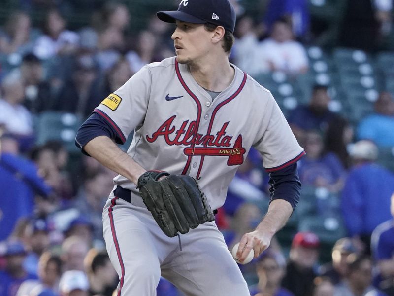 May 22, 2024; Chicago, Illinois, USA; Atlanta Braves pitcher Max Fried (54) throws the ball against the Chicago Cubs during the first inning at Wrigley Field. Mandatory Credit: David Banks-USA TODAY Sports