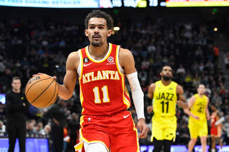 SALT LAKE CITY, UTAH - FEBRUARY 03: Trae Young #11 of the Atlanta Hawks in action during the second half of a game against the Utah Jazz at Vivint Arena on February 03, 2023 in Salt Lake City, Utah.  NOTE TO USER: User expressly acknowledges and agrees that, by downloading and or using this photograph, User is consenting to the terms and conditions of the Getty Images License Agreement. (Photo by Alex Goodlett/Getty Images)