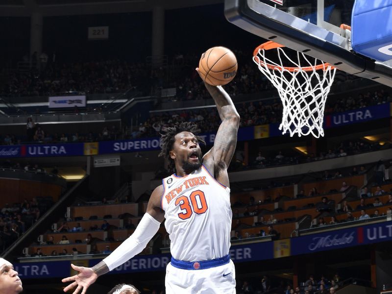 ORLANDO, FL - MARCH 23: Julius Randle #30 of the New York Knicks dunks the ball during the game against the Orlando Magic on March 23, 2023 at Amway Center in Orlando, Florida. NOTE TO USER: User expressly acknowledges and agrees that, by downloading and or using this photograph, User is consenting to the terms and conditions of the Getty Images License Agreement. Mandatory Copyright Notice: Copyright 2023 NBAE (Photo by Gary Bassing/NBAE via Getty Images)