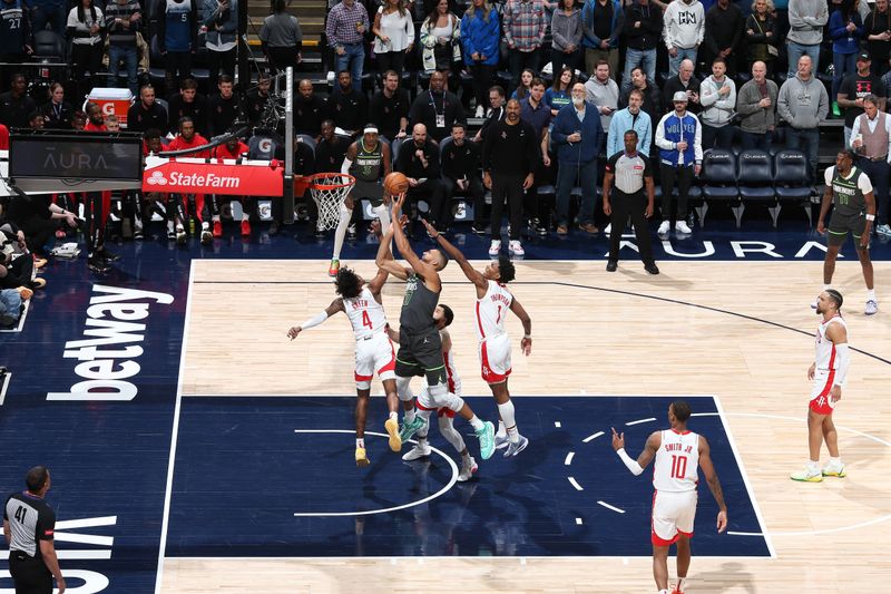 MINNEAPOLIS, MN -  APRIL 2:  Rudy Gobert #27 of the Minnesota Timberwolves shoots the ball during the game against the Houston Rockets on April 2, 2024 at Target Center in Minneapolis, Minnesota. NOTE TO USER: User expressly acknowledges and agrees that, by downloading and or using this Photograph, user is consenting to the terms and conditions of the Getty Images License Agreement. Mandatory Copyright Notice: Copyright 2024 NBAE (Photo by David Sherman/NBAE via Getty Images)