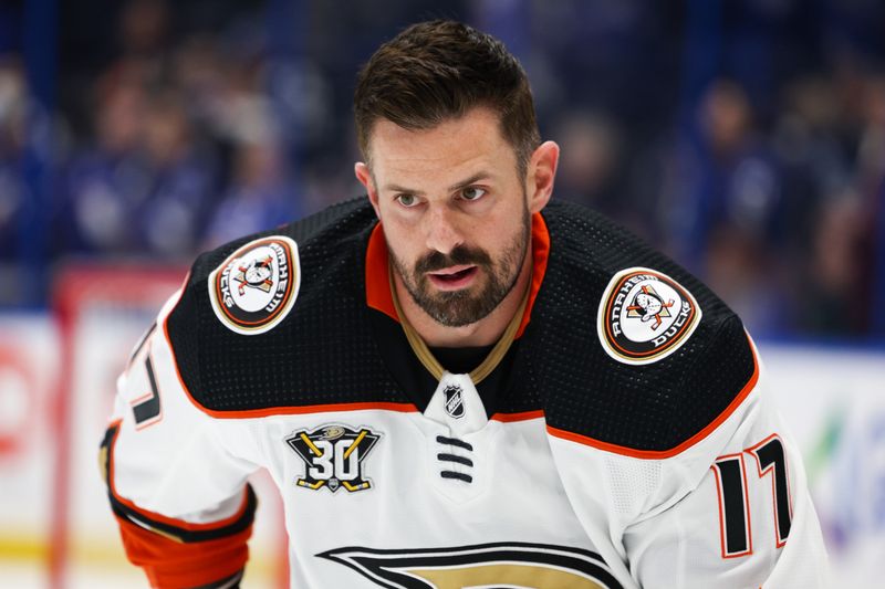 Jan 13, 2024; Tampa, Florida, USA;  Anaheim Ducks left wing Alex Killorn (17) warms up before a game against the Tampa Bay Lightning at Amalie Arena. Mandatory Credit: Nathan Ray Seebeck-USA TODAY Sports