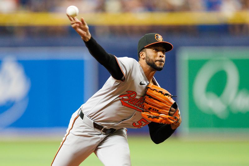 Jun 9, 2024; St. Petersburg, Florida, USA;  Baltimore Orioles pitcher Dillon Tate (55) throws a pitch against the Tampa Bay Rays in the sixth inning at Tropicana Field. Mandatory Credit: Nathan Ray Seebeck-USA TODAY Sports