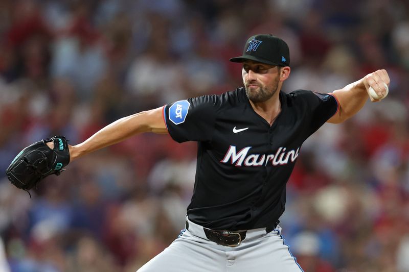 Aug 14, 2024; Philadelphia, Pennsylvania, USA; Miami Marlins pitcher Kent Emanuel (74) throws a pitch during the sixth inning against the Philadelphia Phillies at Citizens Bank Park. Mandatory Credit: Bill Streicher-USA TODAY Sports