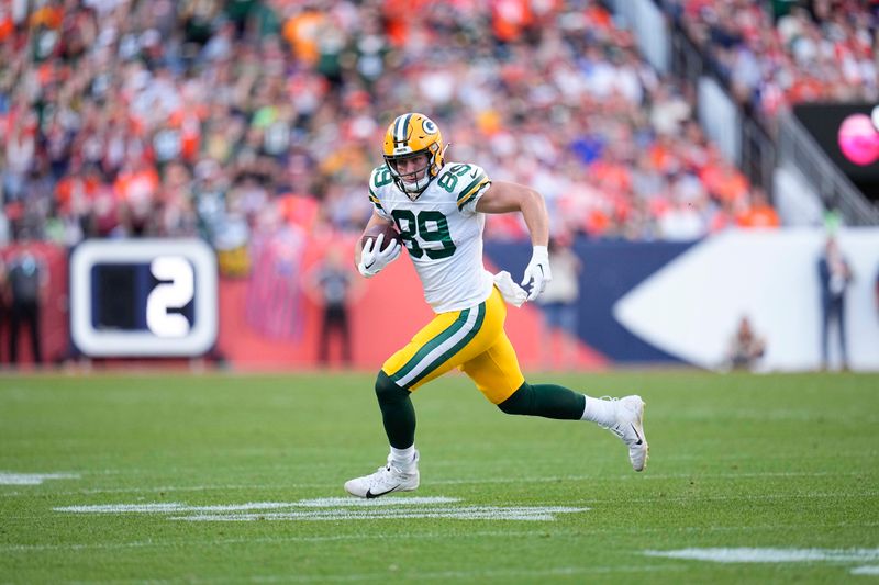 Green Bay Packers tight end Ben Sims (89) runs against the Denver Broncos during an NFL football game Sunday, Oct. 22, 2023, in Denver. (AP Photo/Jack Dempsey)