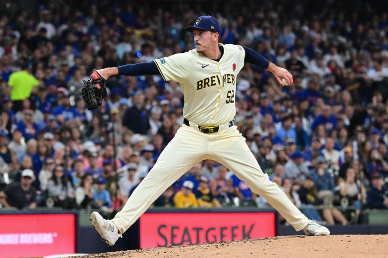 May 27, 2024; Milwaukee, Wisconsin, USA; Milwaukee Brewers relief pitcher Bryan Hudson (52) throws a pitch in the seventh inning against the Chicago Cubs at American Family Field. Mandatory Credit: Benny Sieu-USA TODAY Sports