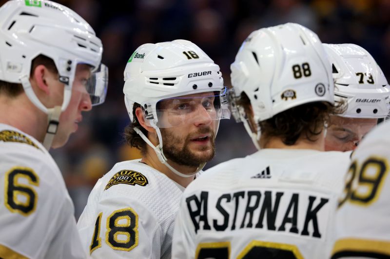 Dec 27, 2023; Buffalo, New York, USA;  Boston Bruins center Pavel Zacha (18) talks to teammates during a stoppage in play against the Buffalo Sabres during the third period at KeyBank Center. Mandatory Credit: Timothy T. Ludwig-USA TODAY Sports