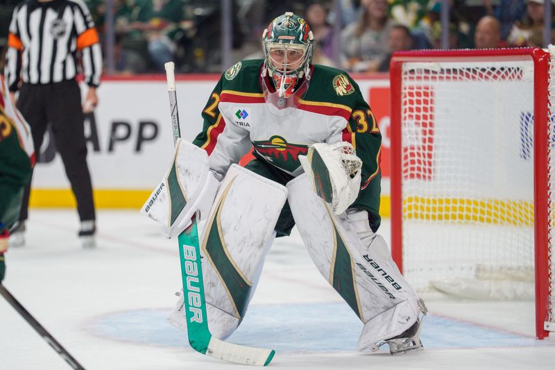 Oct 28, 2025; Saint Paul, Minnesota, USA; Minnesota Wild goaltender Filip Gustavsson (32) watches play against the Winnipeg Jets in the third period at Grand Casino Arena. Mandatory Credit: Matt Blewett-Imagn Images