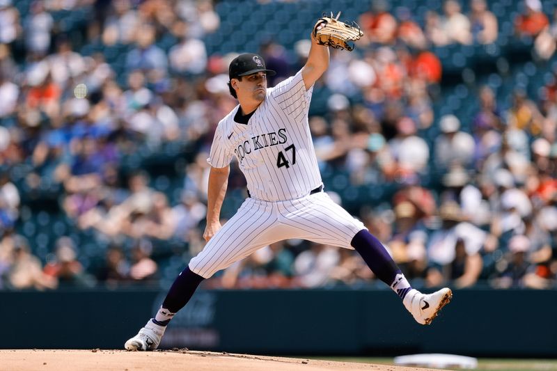 Jul 24, 2024; Denver, Colorado, USA; Colorado Rockies starting pitcher Cal Quantrill (47) pitches in the first inning against the Boston Red Sox at Coors Field. Mandatory Credit: Isaiah J. Downing-USA TODAY Sports