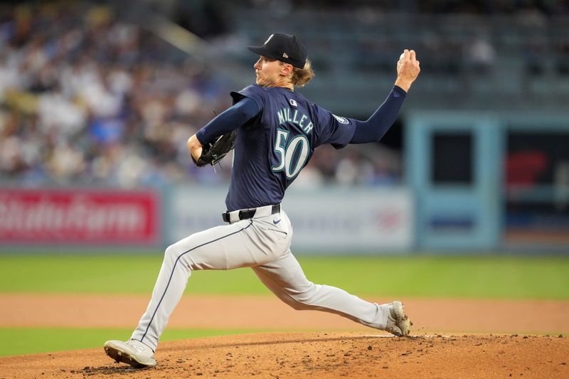 Aug 20, 2024; Los Angeles, California, USA; Los Angeles Dodgers starting pitcher Walker Buehler (21) throws in the third inning against the Seattle Mariners at Dodger Stadium. Mandatory Credit: Kirby Lee-USA TODAY Sports