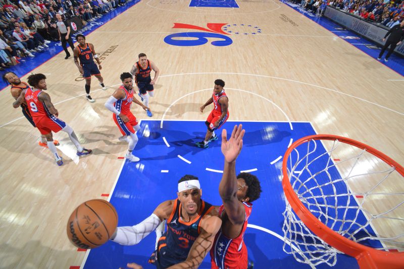 PHILADELPHIA, PA - APRIL 28: Josh Hart #3 of the New York Knicks drives to the basket during the game against the Philadelphia 76ers during Round 1 Game 4 of the 2024 NBA Playoffs on April 28, 2024 at the Wells Fargo Center in Philadelphia, Pennsylvania NOTE TO USER: User expressly acknowledges and agrees that, by downloading and/or using this Photograph, user is consenting to the terms and conditions of the Getty Images License Agreement. Mandatory Copyright Notice: Copyright 2024 NBAE (Photo by Jesse D. Garrabrant/NBAE via Getty Images)