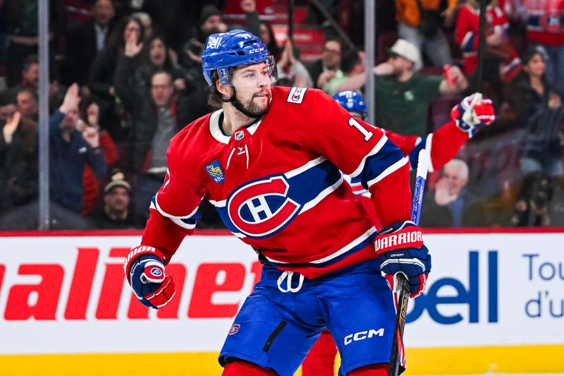 Mar 17, 2026; Montreal, Quebec, CAN; Montreal Canadiens right wing Josh Anderson (17) reacts after scoring a goal against the Boston Bruins during the second period at Bell Centre. Mandatory Credit: David Kirouac-Imagn Images