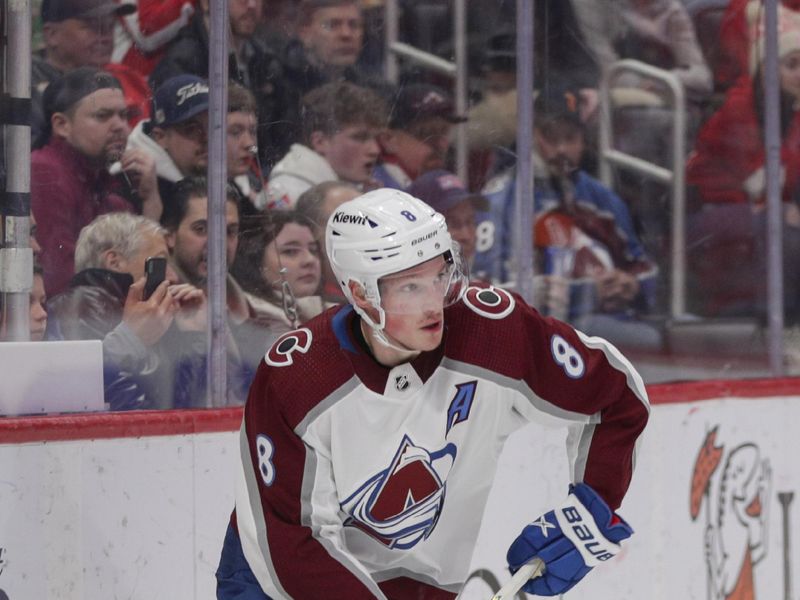 Mar 18, 2023; Detroit, Michigan, USA; Colorado Avalanche defenseman Cale Makar (8) handles the puck during the second period at Little Caesars Arena. Mandatory Credit: Brian Bradshaw Sevald-USA TODAY Sports