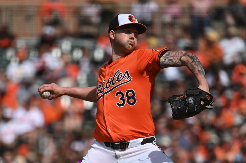 Jun 1, 2024; Baltimore, Maryland, USA;  Baltimore Orioles pitcher Kyle Bradish (38) throws a first inning pitch against the Tampa Bay Rays at Oriole Park at Camden Yards. Mandatory Credit: Tommy Gilligan-USA TODAY Sports